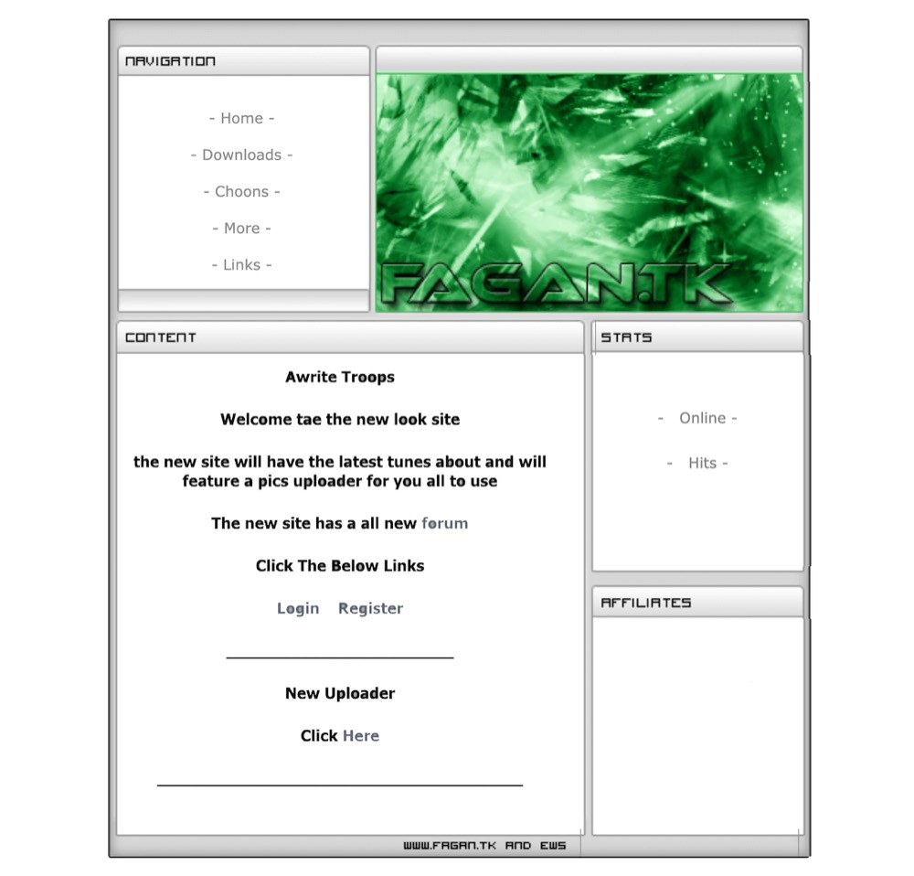 The 2006 fagan.tk homepage — grey panels and a green FAGAN.TK banner