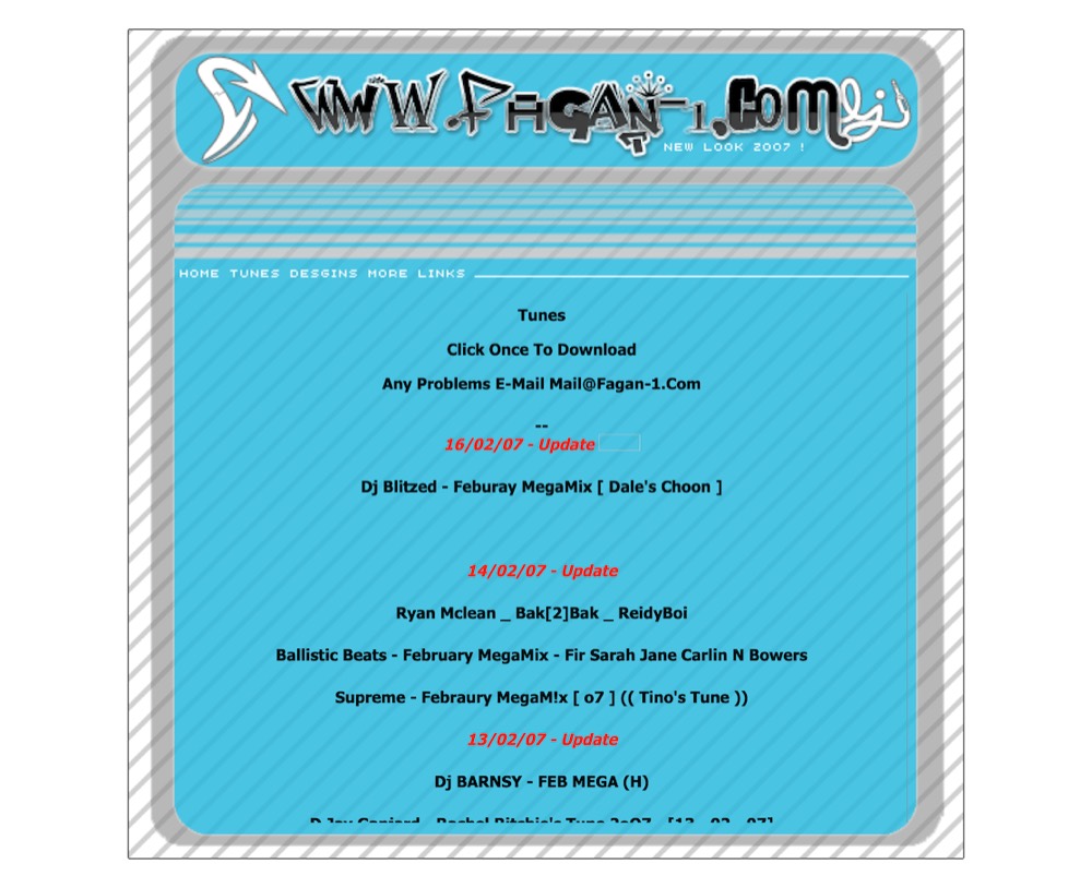 The 2007 graffiti-style fagan-1.com layout in cyan