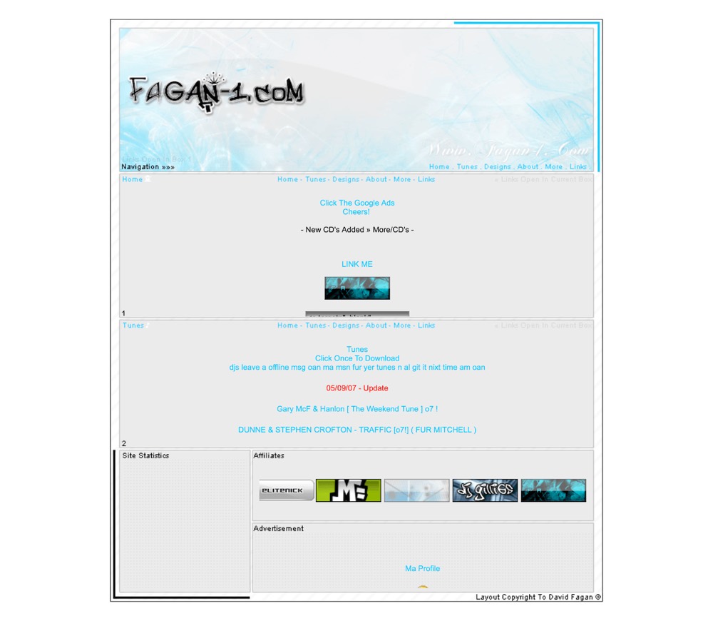 The final light-blue fagan-1.com layout with the graffiti wordmark
